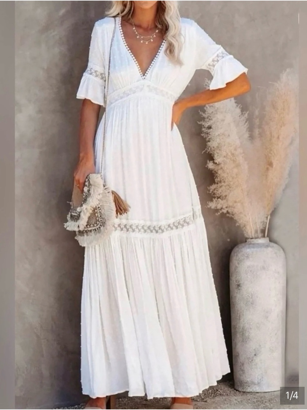 Baltic Born White Maxi Dress with V-Neck and Lace Insets